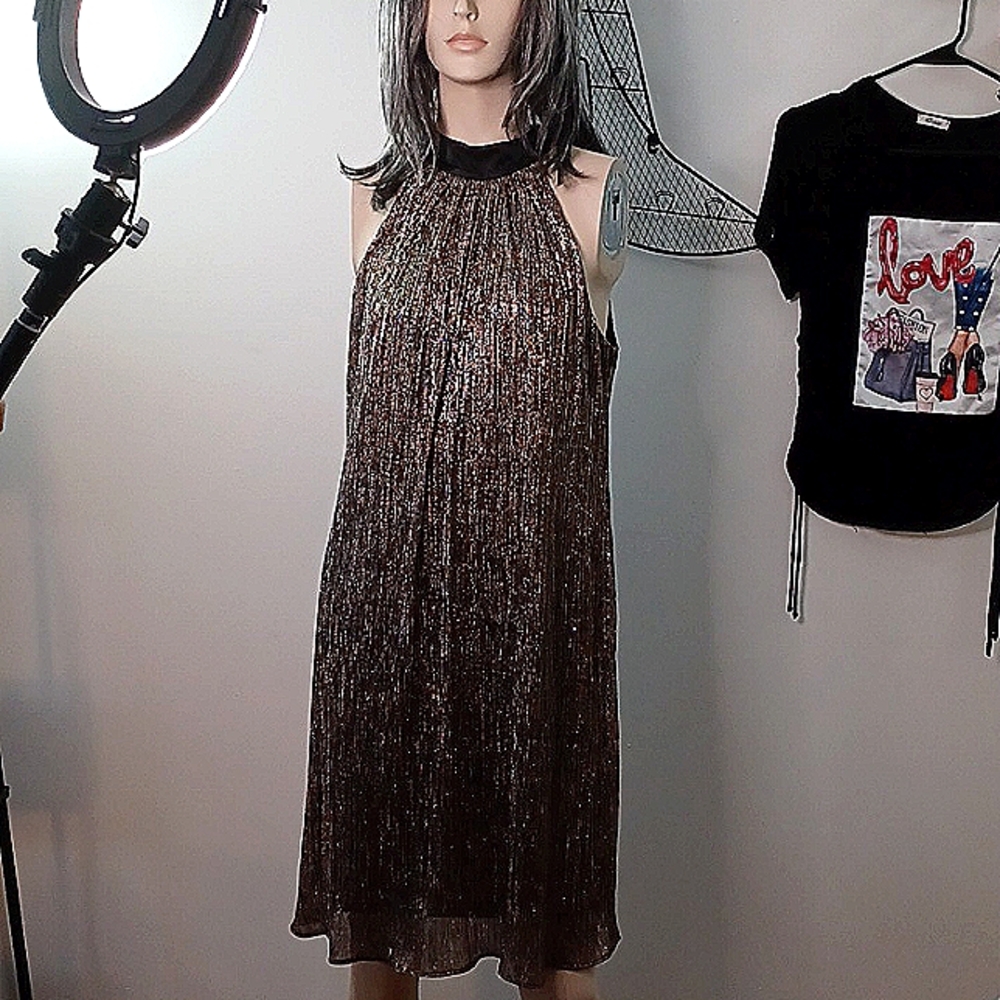 Women's laundry by shelling Segal dress sz 6 black satin bow gold silver sparkle